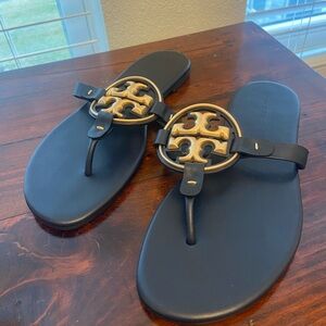 Dark navy blue Tory Burch Sandals with Gold Logo Accent